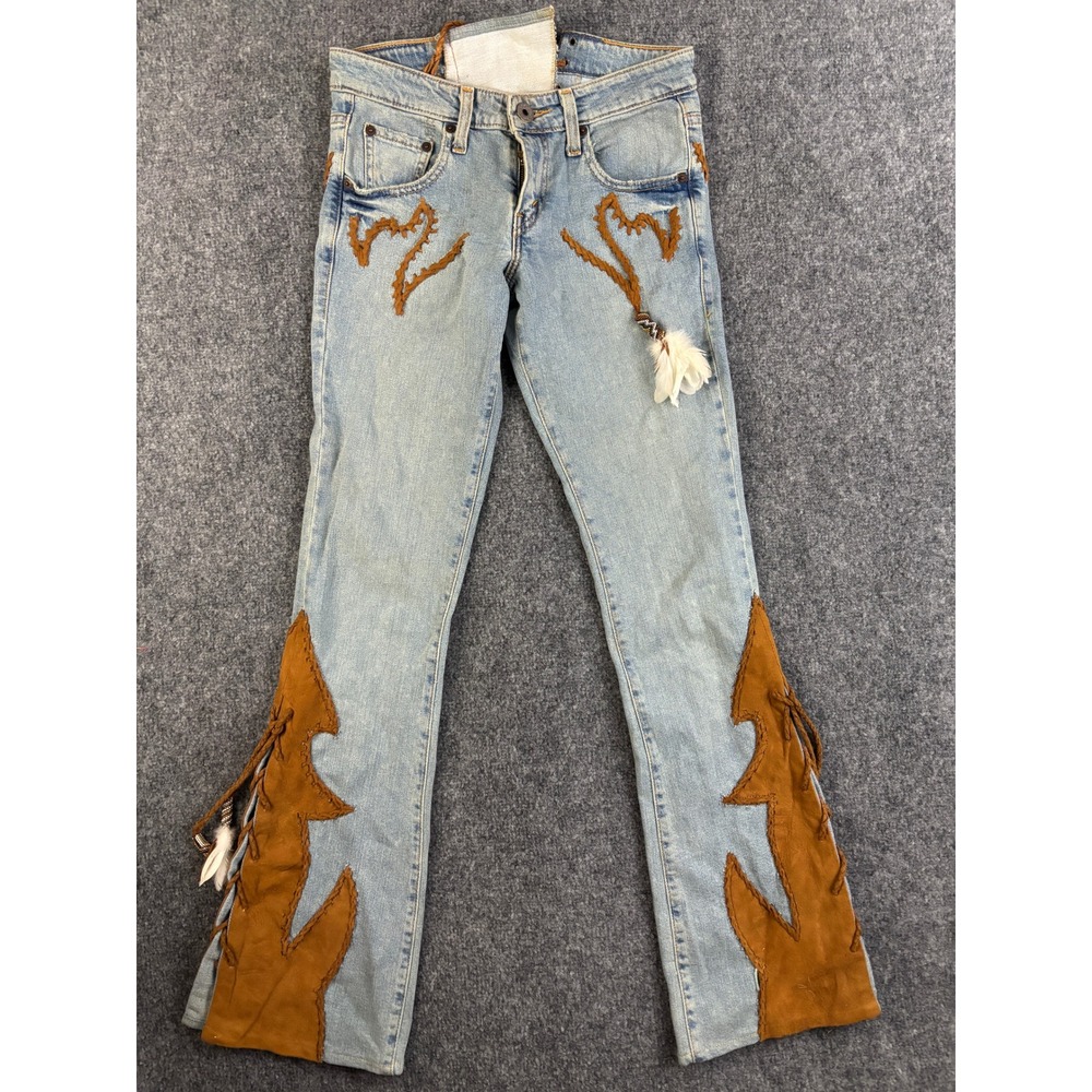 Michelle Julene Couture Levi's Upcycled Jeans Leather Fringe Lace Up OOAK - Picture 2 of 15